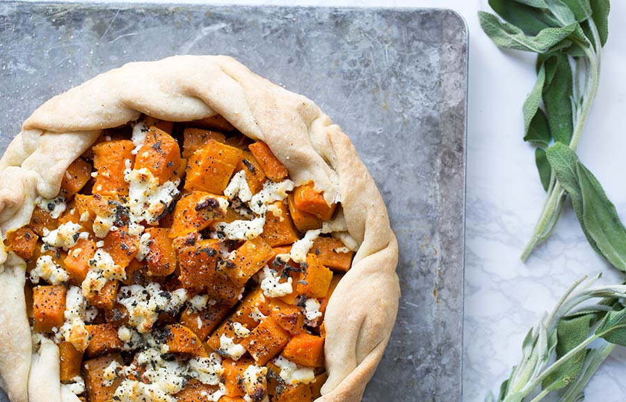 Butternut squash galette closeup photo.