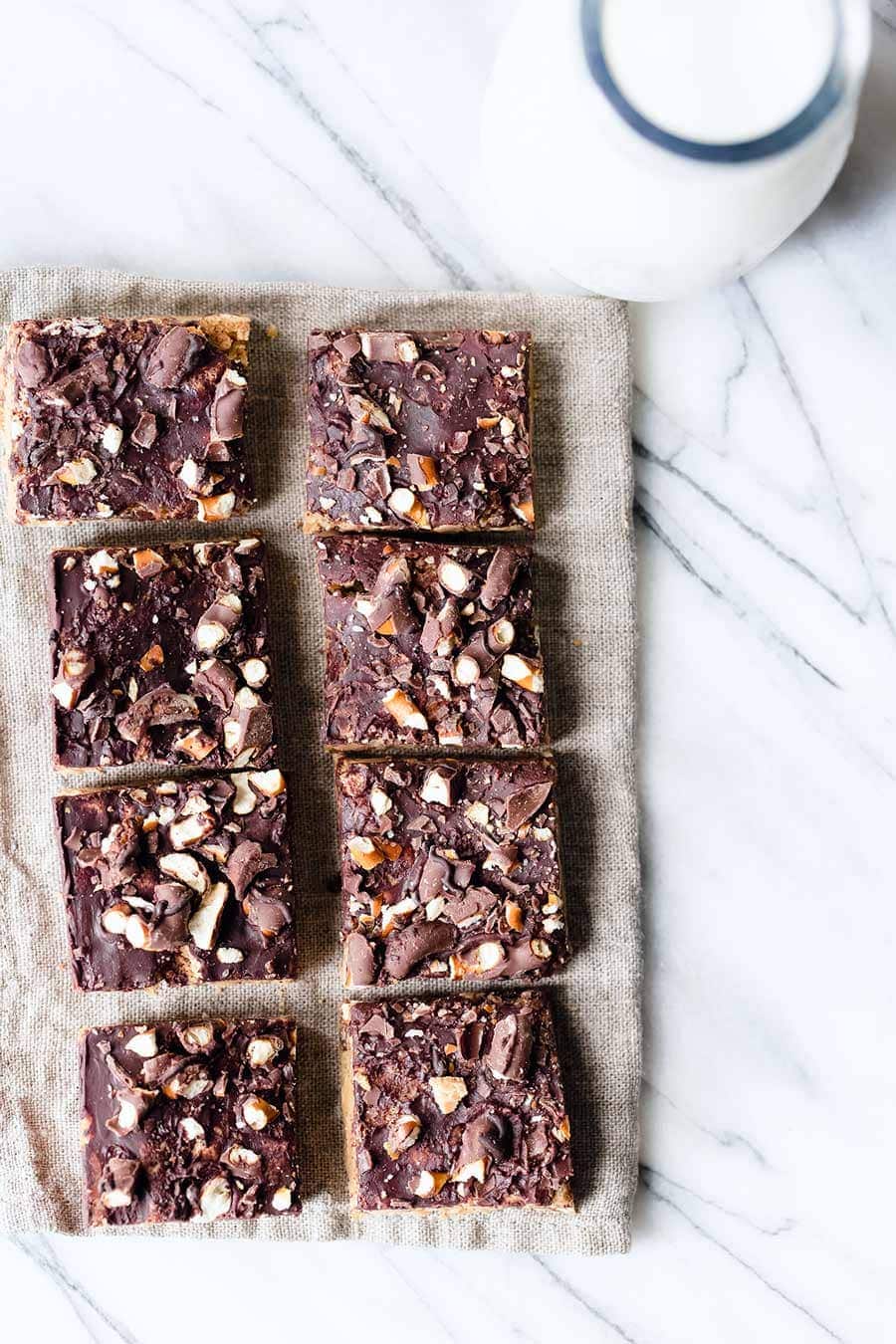 Chocolate Pretzel Peanut Butter Blondies shot from overhead