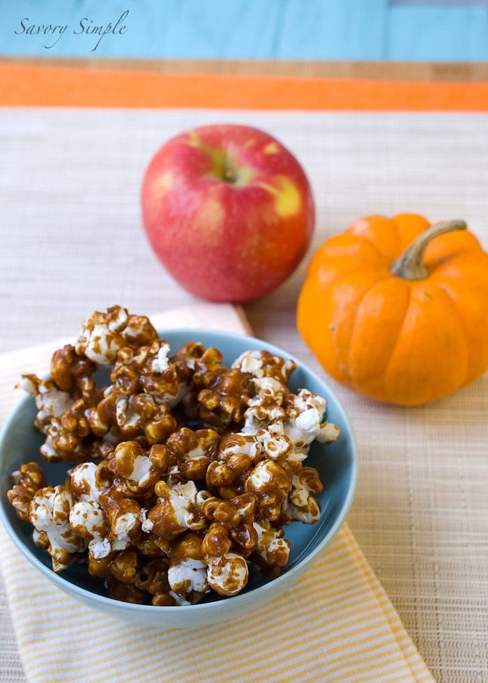 3 Thanksgiving Inspired Popcorns ~ Savory Simple Try this Pumpkin Caramel Popcorn to celebrate the flavors of Thanksgiving and fall! It makes a great snack.