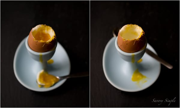 A side-by-side photo of soft boiled eggs.