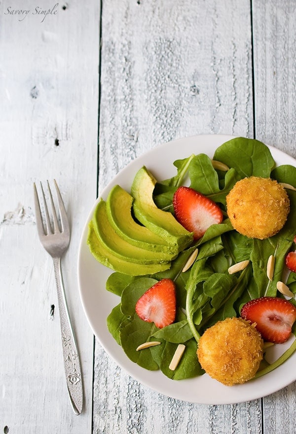 Crispy Goat Cheese Salad with Strawberries and Avocados ~ Savory Simple ~ www.savorysimple.net Crispy Goat Cheese Salad with Strawberries and Avocados ~ Savory Simple ~ www.savorysimple.net
