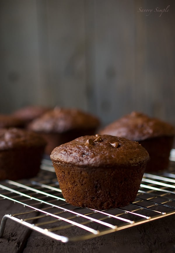 Skinny Double Chocolate Chip Muffins ~ Photo by Savory Simple Skinny Double Chocolate Chip Muffins ~ Photo by Savory Simple