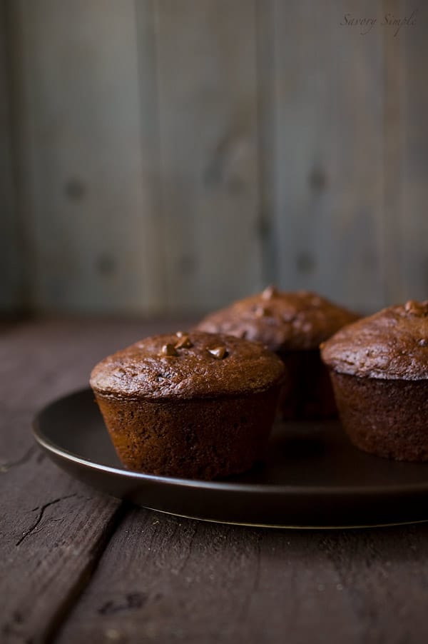 Skinny Double Chocolate Chip Muffins ~ Photo by Savory Simple Skinny Double Chocolate Chip Muffins ~ Photo by Savory Simple