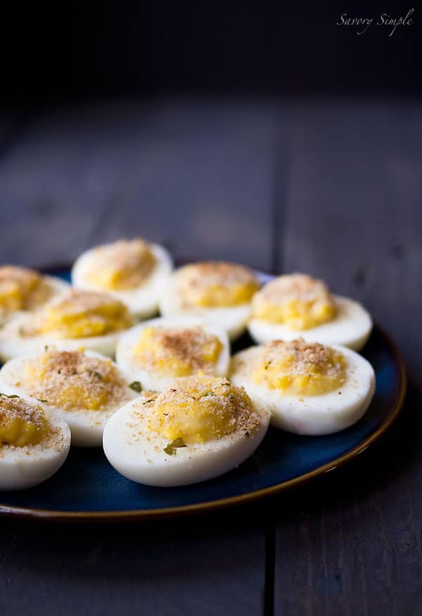 Horseradish Deviled Eggs ~ Savory Simple ~ Appetizers ~ Paleo A photo of easy deviled eggs.