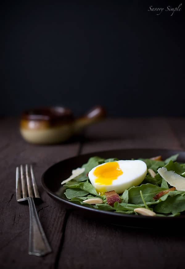 Arugula Salad with Soft Boiled Eggs, Bacon, and Shallot Dijon Vinaigrette - Savory Simple Arugula Salad with Soft Boiled Eggs, Bacon, and Shallot Dijon Vinaigrette - Savory Simple