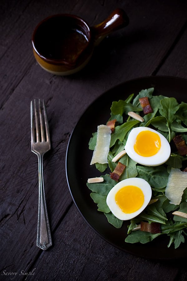 Arugula Salad with Soft Boiled Eggs, Bacon, and Shallot Dijon Vinaigrette - Savory Simple Arugula Salad with Soft Boiled Eggs, Bacon, and Shallot Dijon Vinaigrette - Savory Simple