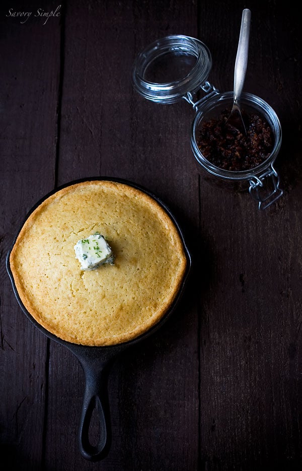 Skillet Cornbread with Bacon Jam and Chive Compound Butter - Savory Simple