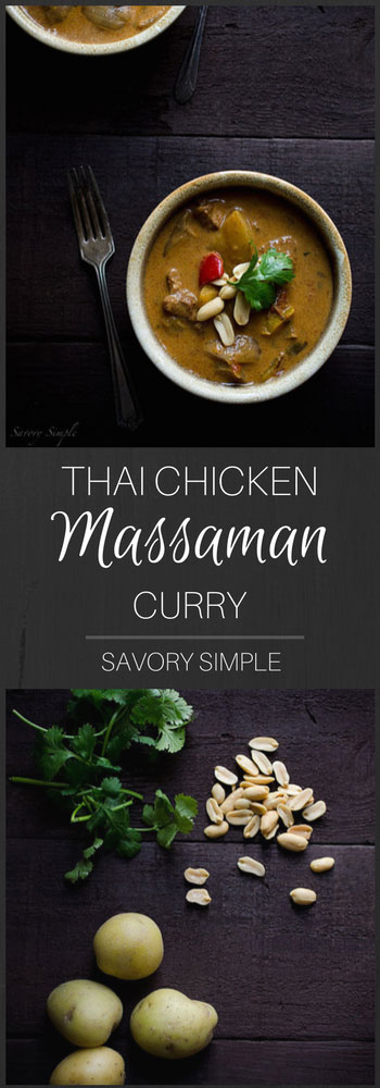 Thai Chicken Massaman Curry is an easy, gluten-free weeknight dinner option. It has a wonderful flavor-- mild and just slightly sweet from the coconut milk. This chicken curry recipe it a one pot dinner that comes together in 30 minutes.