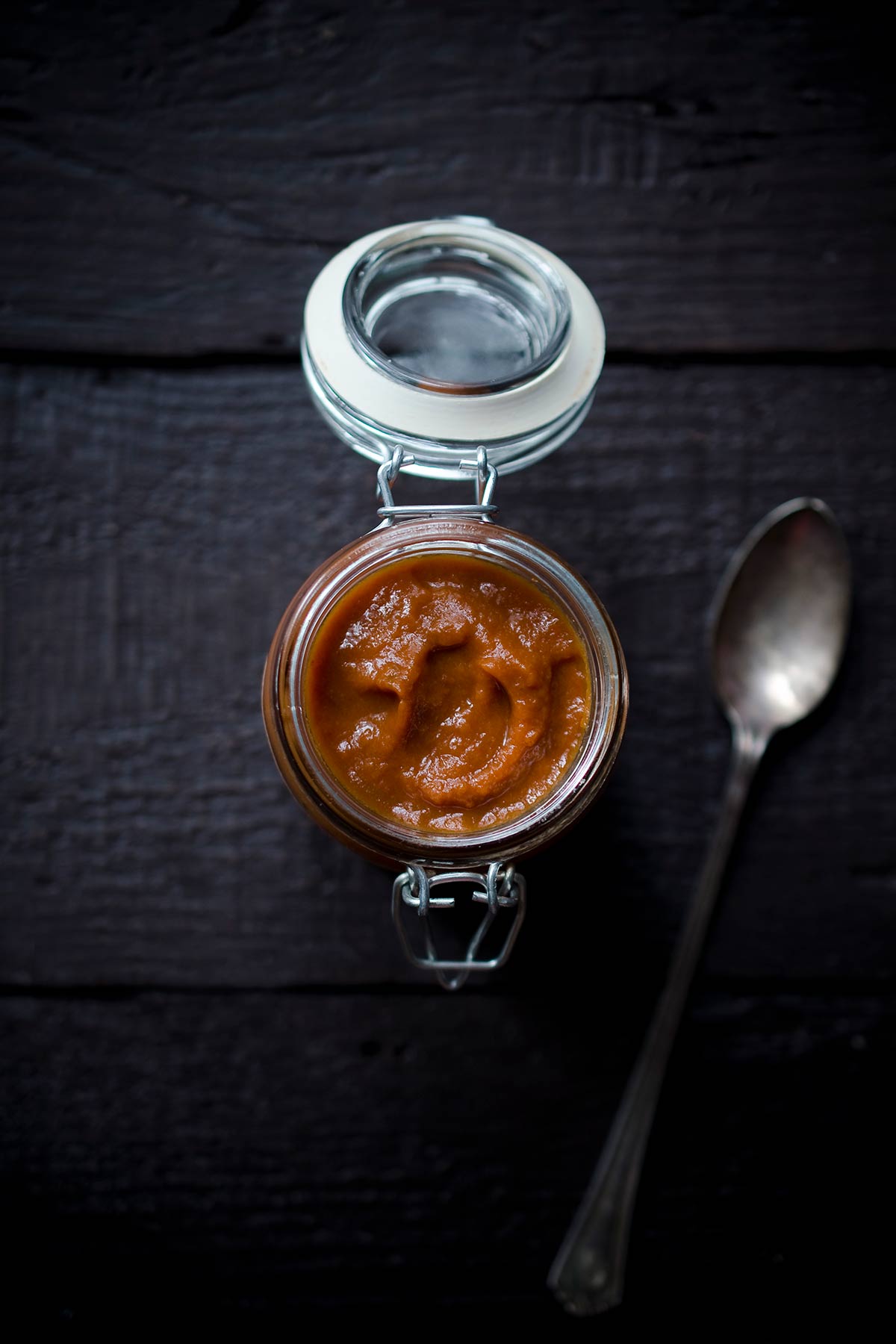 An overhead photo of homemade tomato ketchup with rhubarb