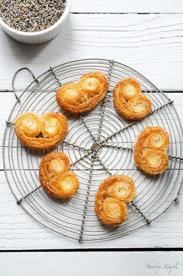 Lavender Vanilla Bean Palmiers are a simple yet elegant cookie. Only 5 ingredients! Make with fresh puff pastry or leftover scraps.
