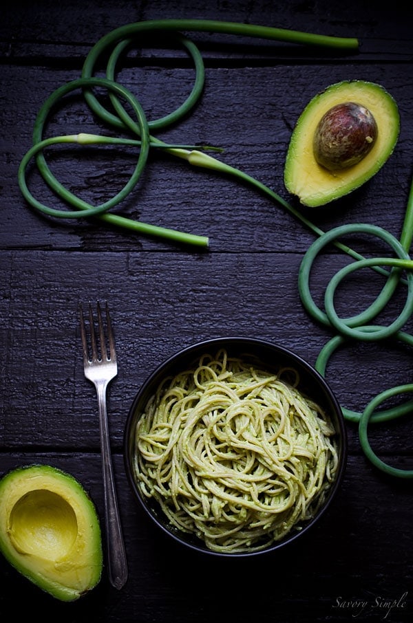 This garlic scape pesto avocado pasta is a healthy, vegetarian dinner the the entire family will love.