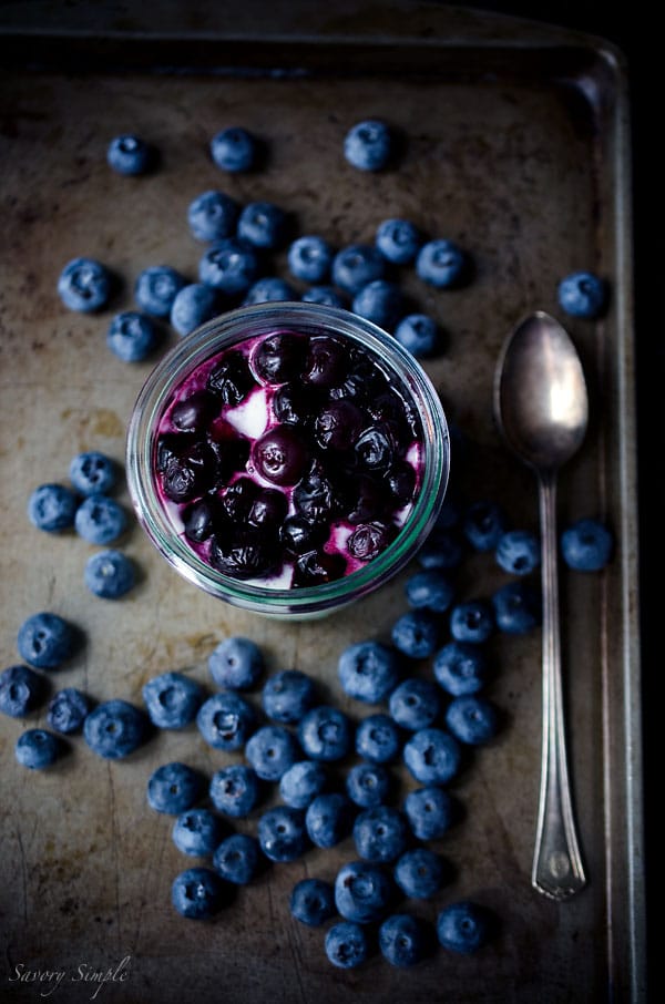 This Goat Cheese Mousse with Roasted Blueberries is a simple, light and elegant dessert that's perfect for summer. Only 4 ingredients!
