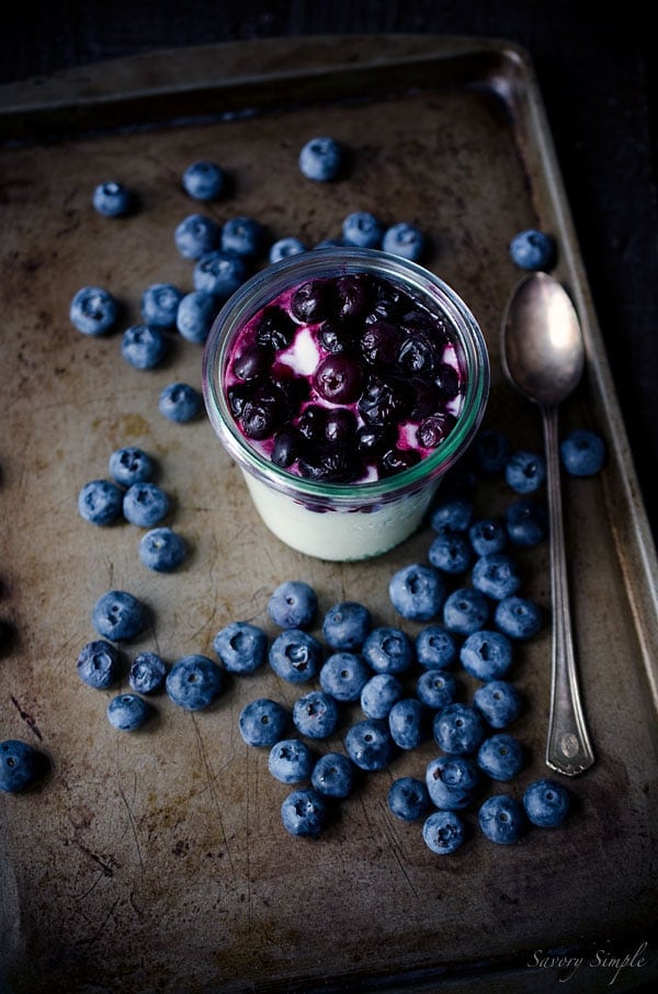 This Goat Cheese Mousse with Roasted Blueberries is a simple, light and elegant dessert that's perfect for summer. Only 4 ingredients!