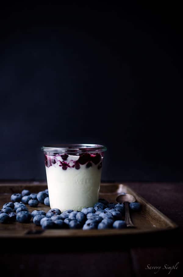 This Goat Cheese Mousse with Roasted Blueberries is a simple, light and elegant dessert that's perfect for summer. Only 4 ingredients!