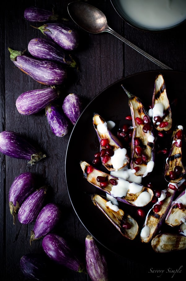 This Grilled Fairytale Eggplant with Garlic Yogurt Sauce and Pomegranate is an impressive, flavorful, vegetarian appetizer. 
