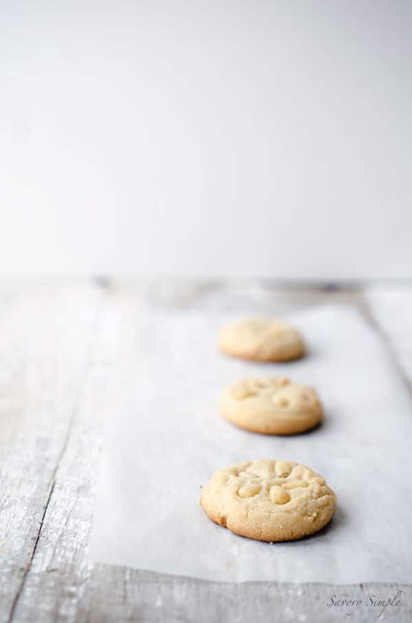 These pine nut tahini cookies have a delicate, flaky shortbread texture and a sweet sesame flavor.