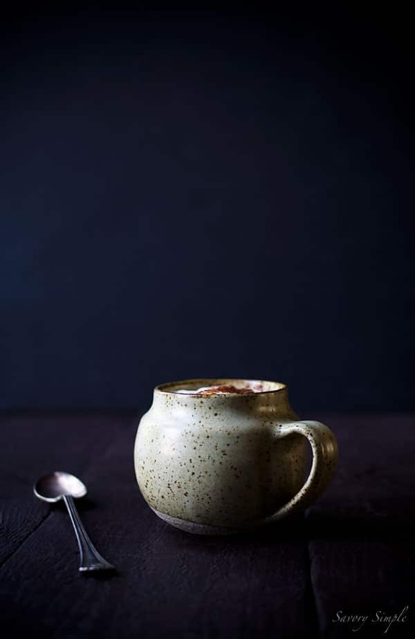 This spicy chocolate latte from Savory Simple will warm you up when it's chilly outside! This vegan latte uses almond milk, but regular milk may be substituted. 