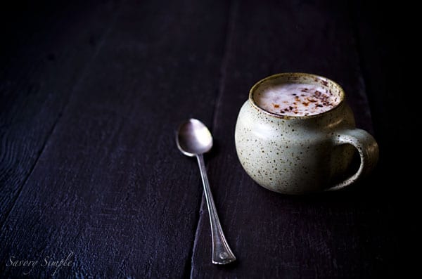 This spicy chocolate latte from Savory Simple will warm you up when it's chilly outside! This vegan latte uses almond milk, but regular milk may be substituted. 