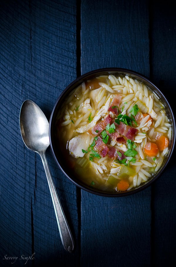 This one pot chicken and bacon orzo soup from Savory Simple is perfect for chilly days or when you just need a warm bowl of comfort food. #Soup #Autumn #Recipe www.savorysimple.net