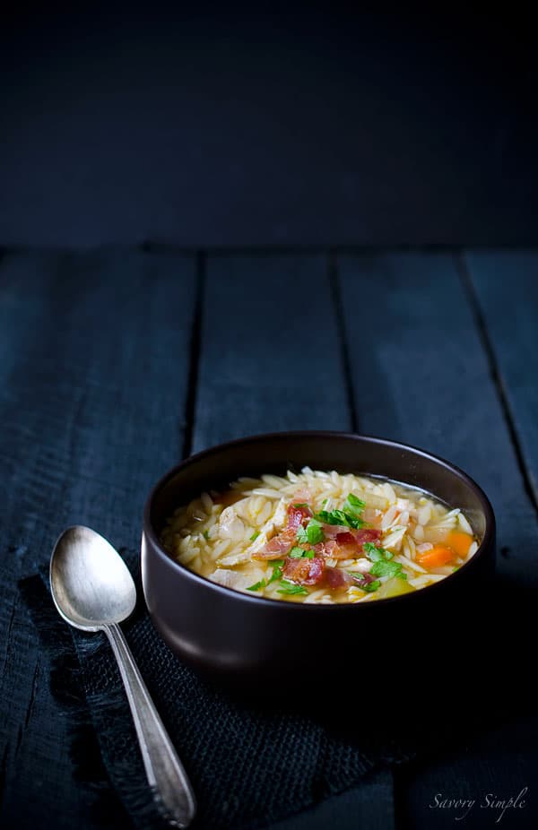 This one pot chicken and bacon orzo soup from Savory Simple is perfect for chilly days or when you just need a warm bowl of comfort food. #Soup #Autumn #Recipe www.savorysimple.net