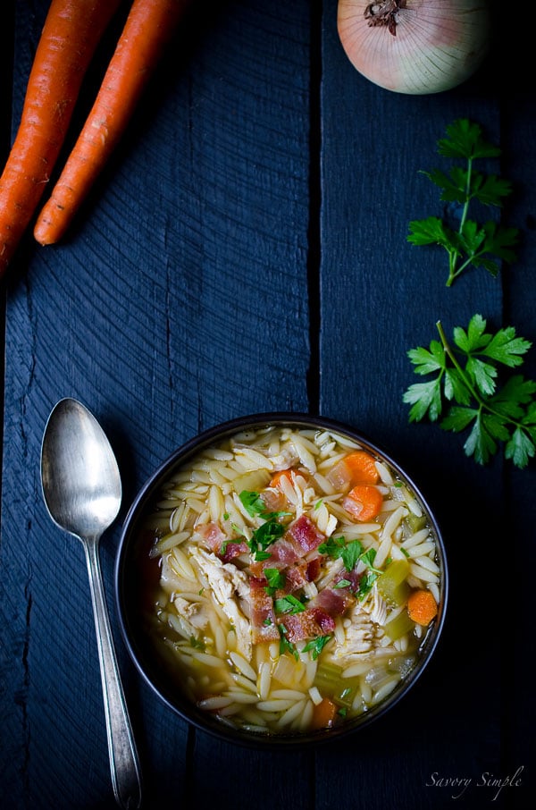 This one pot chicken and bacon orzo soup from Savory Simple is perfect for chilly days or when you just need a warm bowl of comfort food. #Soup #Autumn #Recipe www.savorysimple.net