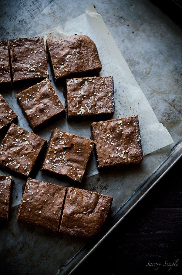 Salted Olive Oil Brownies from Savory Simple are a decadent, sweet and salty chocolate treat. They're some of the best brownies you'll ever taste. 