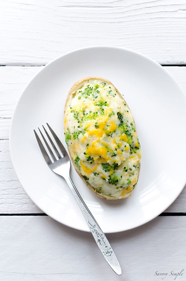 These Broccoli Cheddar Twice-Baked Potatoes are a vegetarian, easy-to-prepare side dish that the whole family will love. Get the recipe from SavorySimple.net