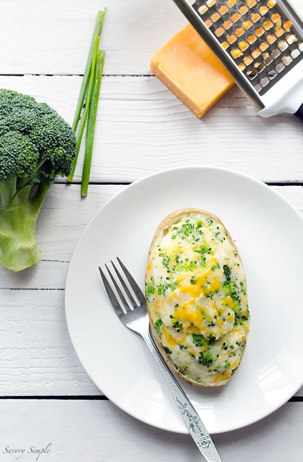 These Broccoli Cheddar Twice-Baked Potatoes are a vegetarian, easy-to-prepare side dish that the whole family will love. Get the recipe from SavorySimple.net