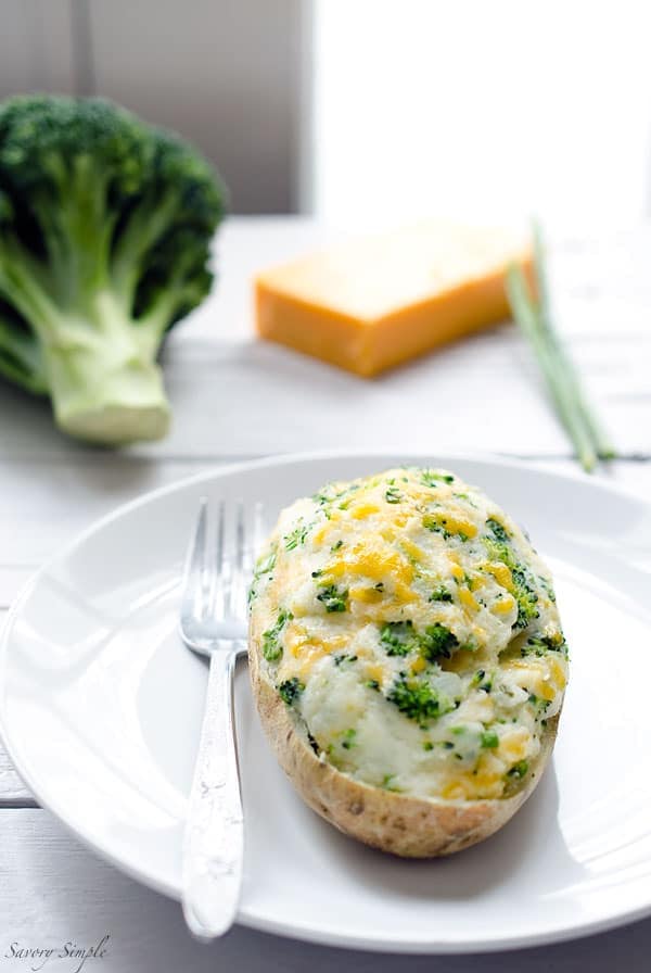 These Broccoli Cheddar Twice-Baked Potatoes are a vegetarian, easy-to-prepare side dish that the whole family will love. Get the recipe from SavorySimple.net