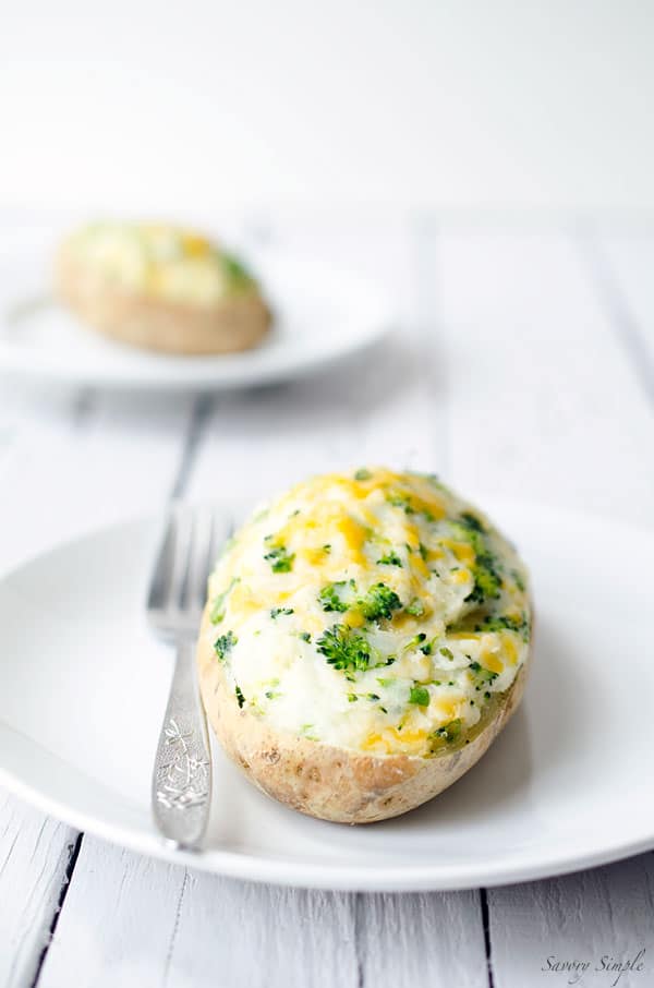 These Broccoli Cheddar Twice-Baked Potatoes are a vegetarian, easy-to-prepare side dish that the whole family will love. Get the recipe from SavorySimple.net