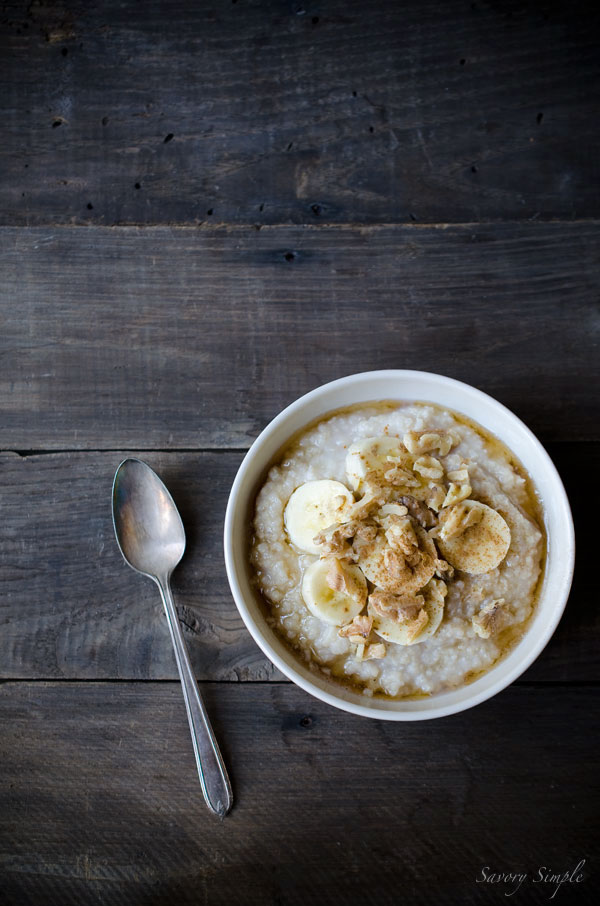 Banana Millet Breakfast Porridge is like healthy banana bread in a bowl! It's an easy, gluten-free breakfast that the whole family will love. Get the recipe from SavorySimple.net