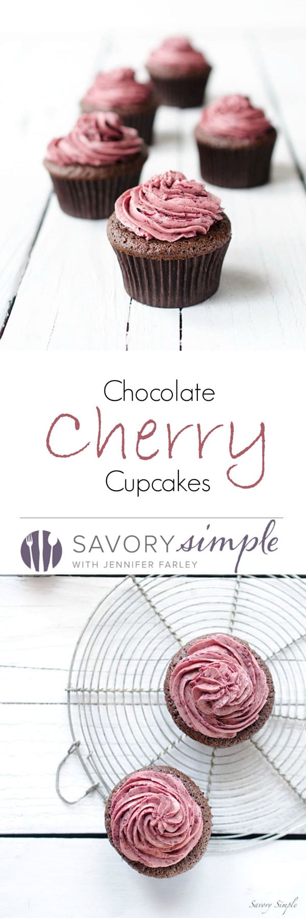 Chocolate Cherry Cupcakes - These rich chocolate cupcakes are topped with a light meringue-based cherry buttercream. Get the recipe from SavorySimple.net.