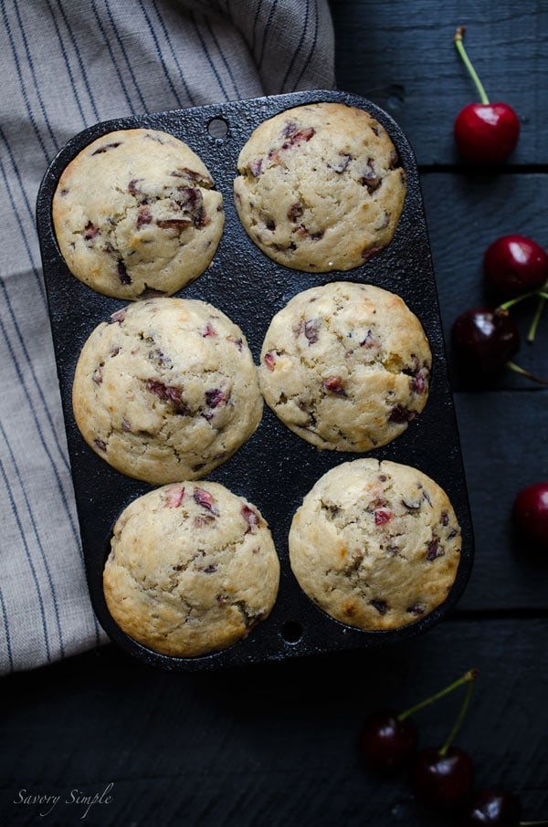 These cherry vanilla muffins are soft and delicate from buttermilk. They can be made with either sweet or sour cherries and are perfect for brunch! Get the recipe from SavorySimple.net