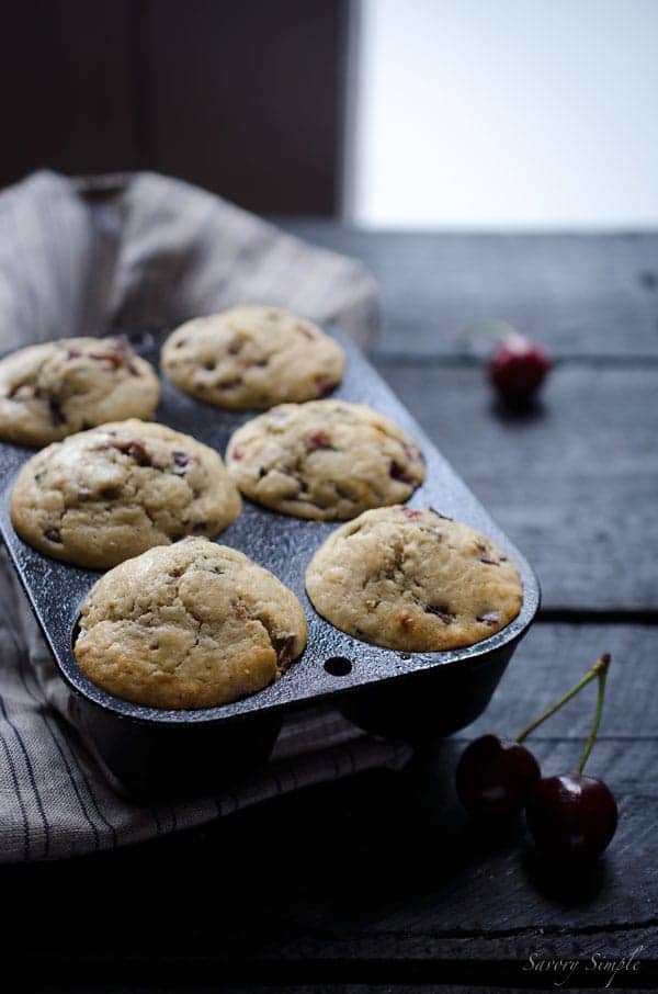 These cherry vanilla muffins are soft and delicate from buttermilk. They can be made with either sweet or sour cherries and are perfect for brunch! Get the recipe from SavorySimple.net