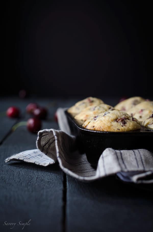 These cherry vanilla muffins are soft and delicate from buttermilk. They can be made with either sweet or sour cherries and are perfect for brunch! Get the recipe from SavorySimple.net