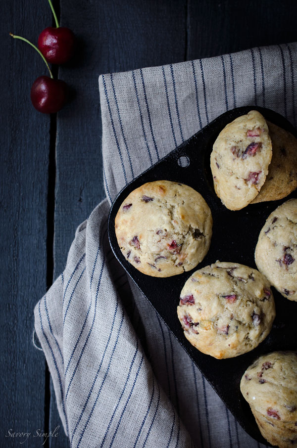 These cherry vanilla muffins are soft and delicate from buttermilk. They can be made with either sweet or sour cherries and are perfect for brunch! Get the recipe from SavorySimple.net