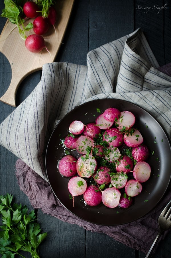 Roasted Radishes with Brown Butter and Parsley - a simple, low carb, vegetarian side dish that's incredibly flavorful and easy to prepare! Get the recipe from SavorySimple.net.