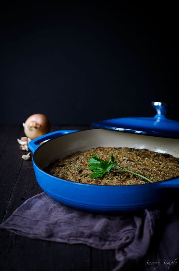 This Savory Baked Oatmeal with Bacon, Mushrooms & Caramelized Onions is an amazingly hearty breakfast. For a vegetarian/vegan option, simply omit the bacon! Get the recipe from SavorySimple.net