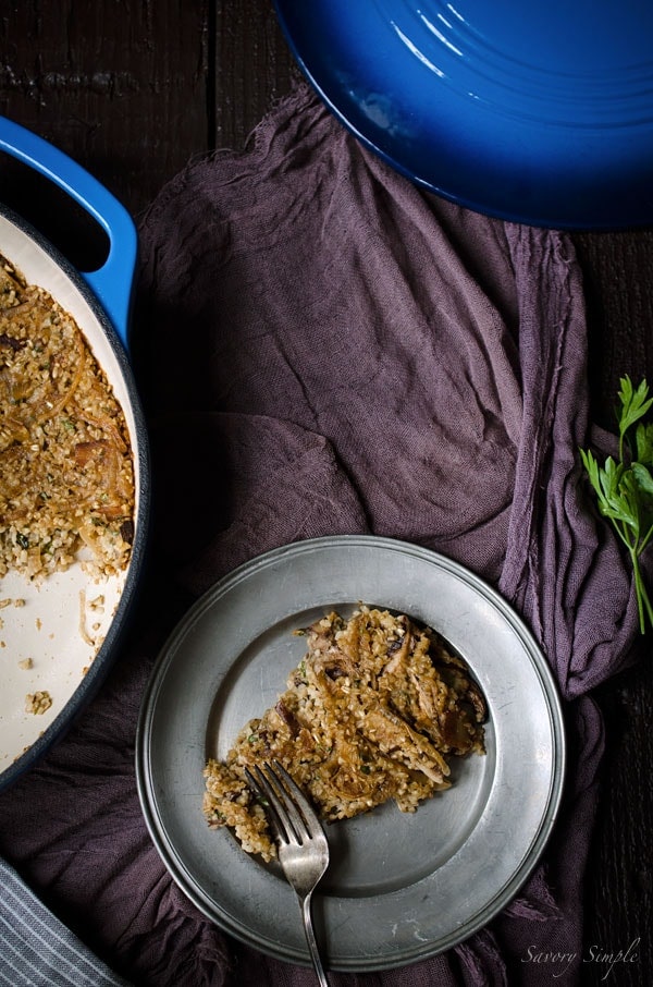 This Savory Baked Oatmeal with Bacon, Mushrooms & Caramelized Onions is an amazingly hearty breakfast. For a vegetarian/vegan option, simply omit the bacon! Get the recipe from SavorySimple.net