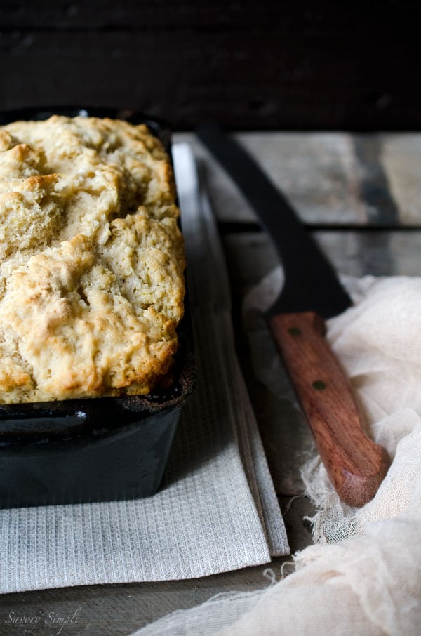 This summer ale beer bread has hints of lemon and pepper. No kneading required, ready in under an hour! Get this easy-to-follow recipe from SavorySimple.net