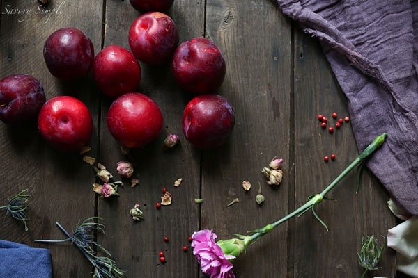 These roasted plums with creme fraiche are a simple, elegant dessert! Brown sugar adds just the right amount of sweetness. Get the recipe from SavorySimple.net.