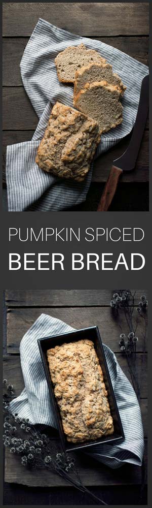 Spiced Pumpkin Beer Bread is an incredibly easy side dish! No yeast or kneading required. Perfect for Thanksgiving or alongside your favorite fall meals.