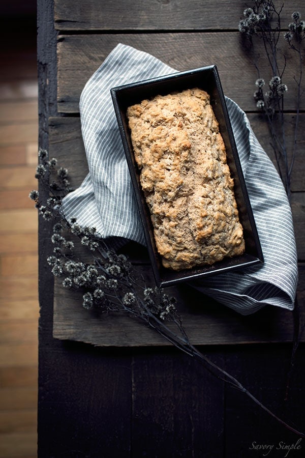 Spiced Pumpkin Beer Bread is an incredibly easy side dish! No yeast or kneading required. Perfect for Thanksgiving or alongside your favorite fall meals. Get the recipe from SavorySimple.net.