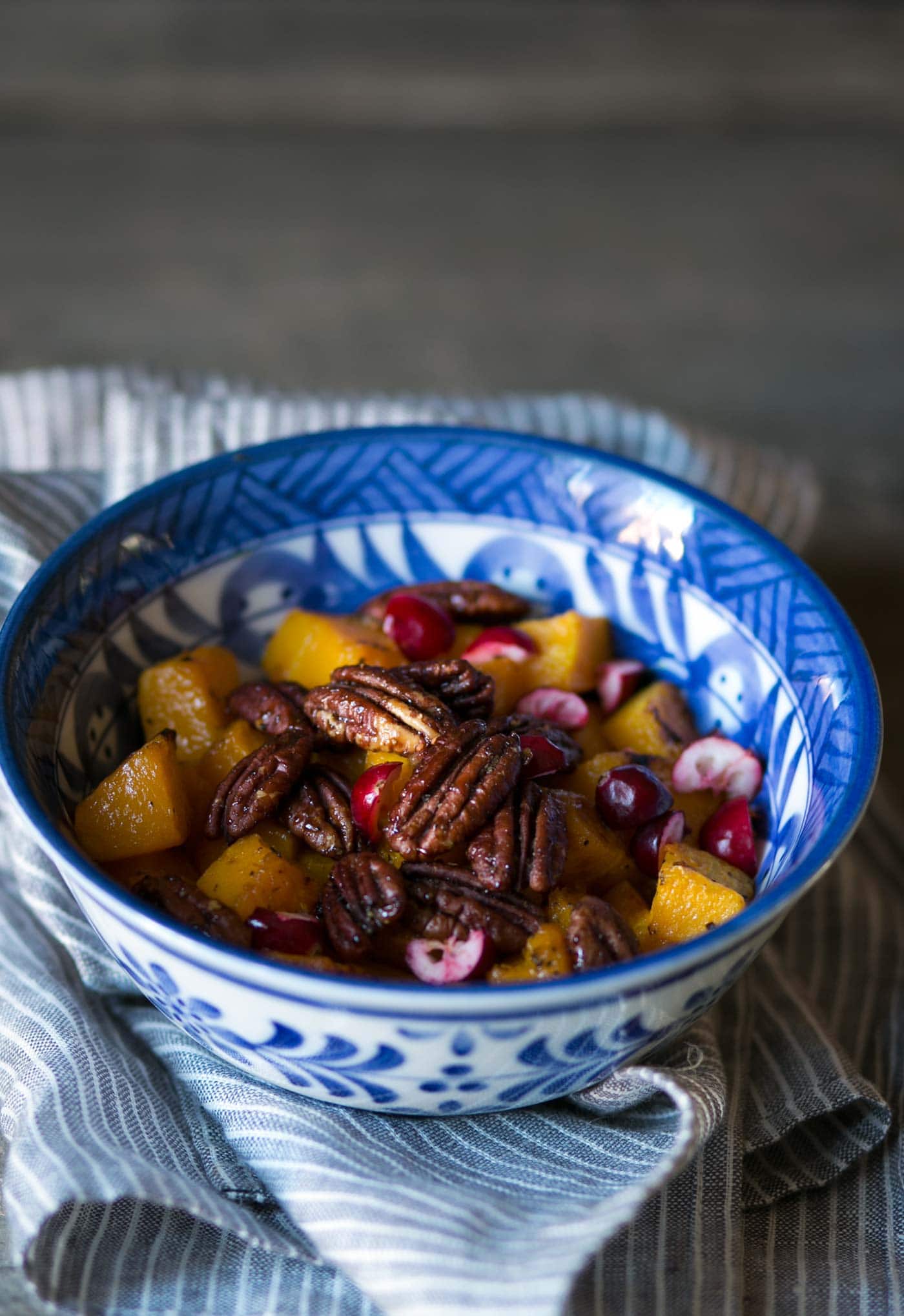 This recipe for Roasted Butternut Squash with Maple Pecans and Cranberries is a wonderful, light side dish that is healthy, filling and incredibly satisfying. Salt, pepper and olive oil add extra savoriness to the dish. Get the recipe from SavorySimple.net