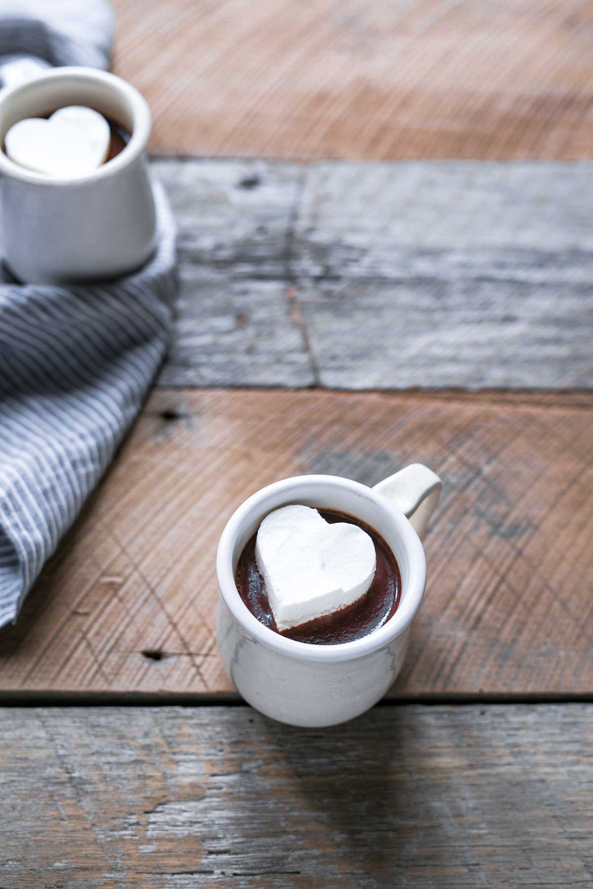 Two mugs with the hot chocolate recipe