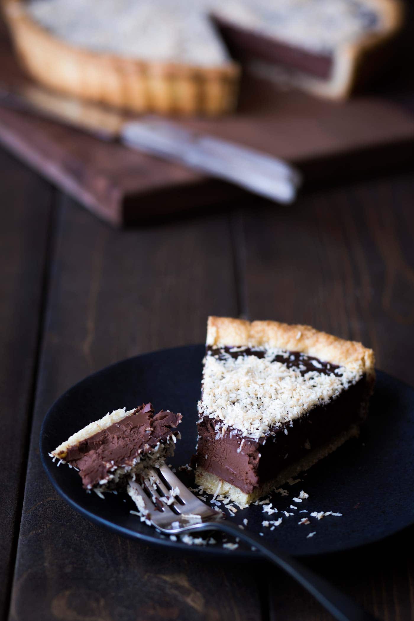 Bittersweet Chocolate Tart Recipe with Toasted Coconut and Sea Salt.