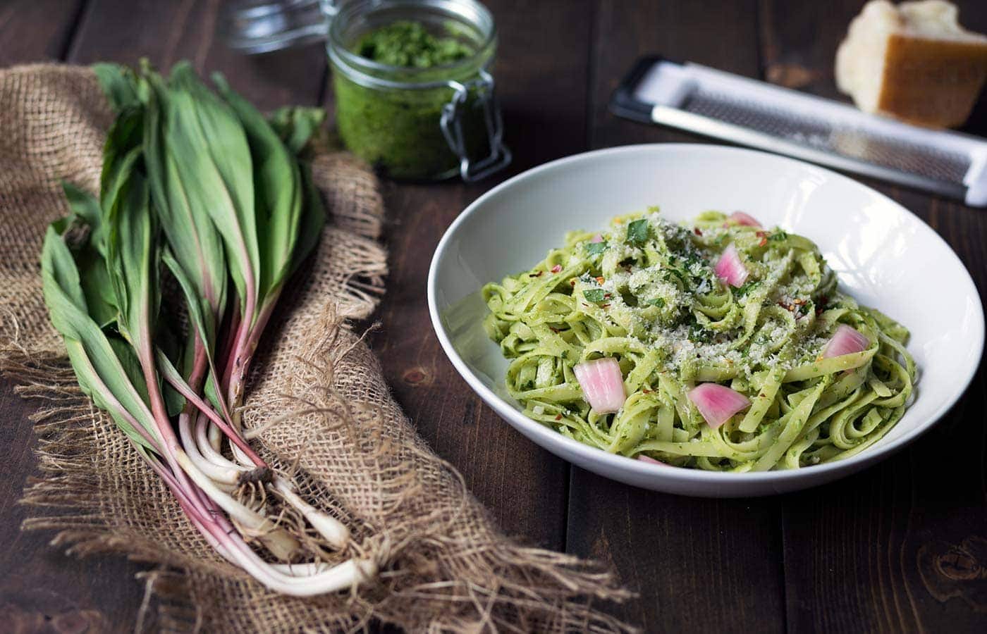 Ramp pesto pasta in a bowl