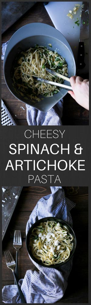 This Cheesy Spinach & Artichoke Pasta is a simple, tasty meal that comes together in less than 20 minutes. Only 5 ingredients! 