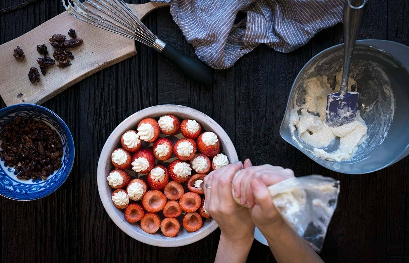 Vanilla Mascarpone Stuffed Strawberries are an easy-to-prepare, light dessert that your guests will adore! Get the recipe from Savory Simple.