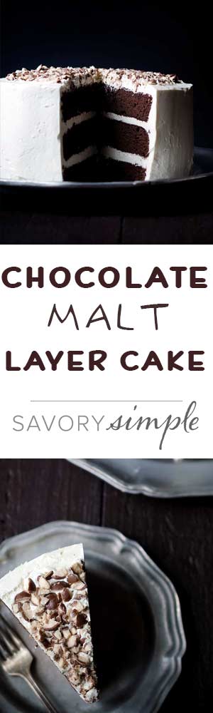 Chocolate Malt Layer Cake is a dense, moist and totally decadent dessert. Chopped malted milk balls add flavor and crunch. You need to try this!